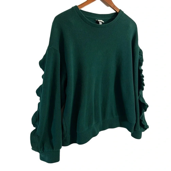 A New Day Dark Green Sweater Large Ruffled Long Sleeves Pullover Round Neck Knit - Picture 2 of 6